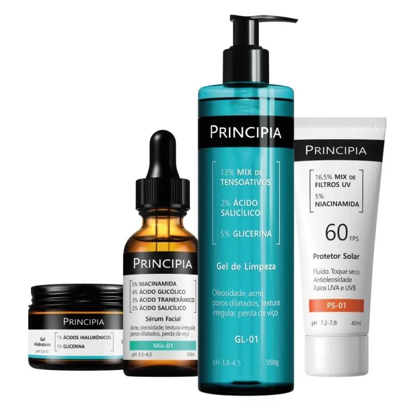 Principia Kit Anti-acne Essencial​ - GH-01 Gel hidratante (firmeza e viço)+ MIX 01 (oleosidade)+ GL 01 (impurezas)+ PS 01 protetor solar facial